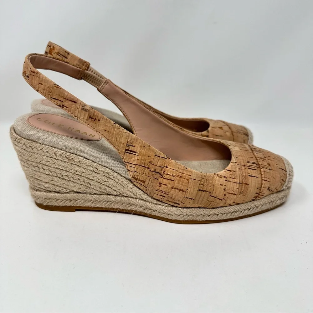 Cole Haan Cloudfeel Espadrille Slingback Wedge Heels Shoes Cork Tan Size 8.5